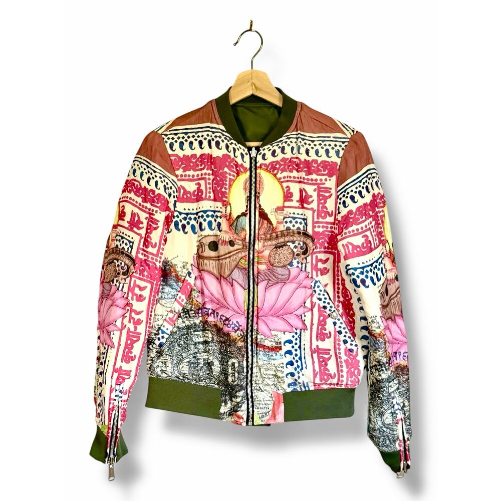 Replay Reversible MA-1 Bomber Jacket Small Olive Green Lotus Goddess Graphic
